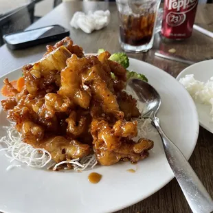 Orange chicken , I get it spicy they go east on the spice unless you ask for Thai hot