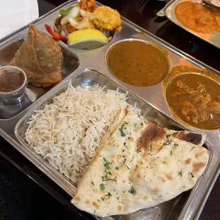 Dal, Chicken Korma , Chicken Tandoori Kabab, Vegetable Samosa, Garlic Naan, Basmati Rice