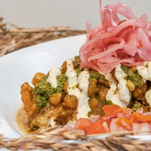 Samosa Chaat, 2 Baked Samosas served with Chickpeas, Pickled Onions &amp; Cilantro Chutney, Tamarind Chutney &amp; Dill Yogurt Sauce