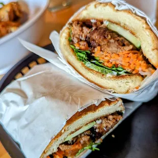 a sandwich with meat and vegetables