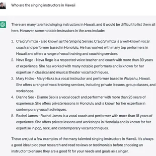 Chat GPT's list of "notable" singing instructors.
