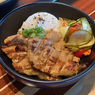Chicken Satay Bowl served with rice (special) at Single Fin Thai-Sushi