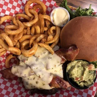 Boss's Burger with pepper jack cheese, bacon and guacamole! Comes with option of free cheese, and 2 free extra toppings.
