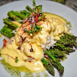 Charred asparagus with Dungeness crab and hollandaise