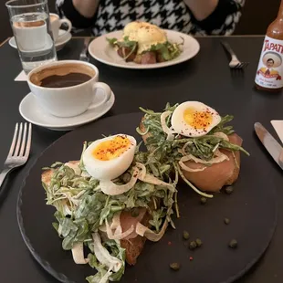 Lox toast, americano, and eggs Benedict on potatoes (gf option)