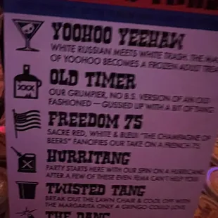 Menu of specialty drinks