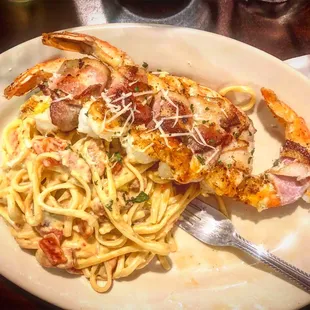 Bacon wrapped shrimp and linguine with sausage