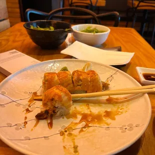 Lion King roll, outstanding, miso and edamame. Nice and cozy in here