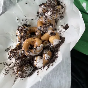 a pile of doughnuts on a napkin