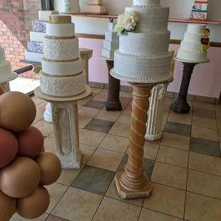 stacked cakes in a bakery