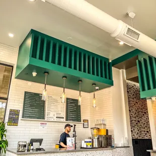 a view of a restaurant counter