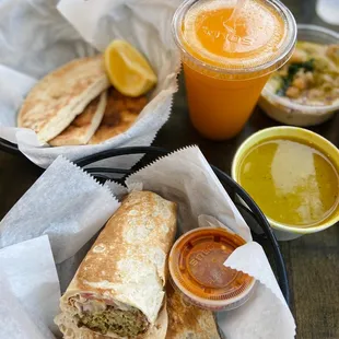 Falafel Wrap, Lentil Soup, Mango Juice