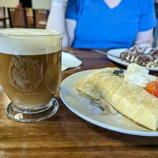 a plate of crepes and a cup of coffee