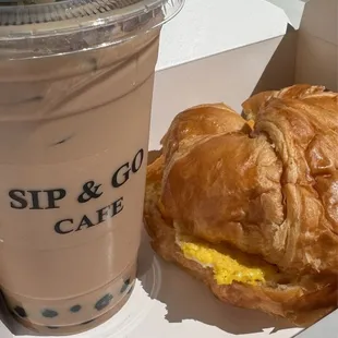Egg cheese sausage sandwich &amp; house milk tea with boba