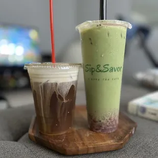 Strawberry Matcha Latte and Vietnamese Black Coffee. I added my own foam but they also have different cream toppings you can pick from.