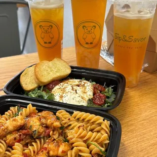 Fusilli with shrimp and burrata.