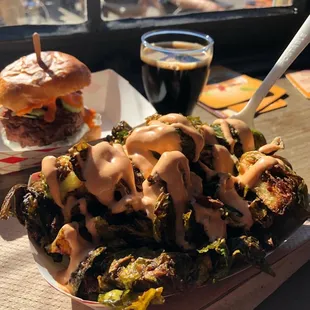 Buffalo slider and crispy Brussels