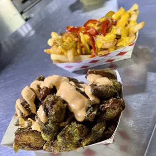 Fried Brussel sprouts and fries