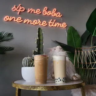 Vietnamese coffee frap and jasmine milk tea with milk cap, boba and egg custard