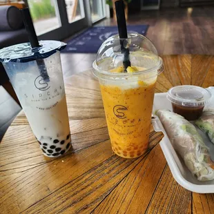 Coconut Milk Tea, Pineapple Tajin Smoothie, Pork Springrolls