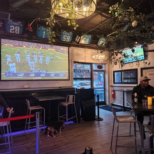 people sitting at tables in a sports bar