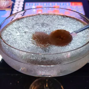 Delicious blue cheese stuff olive in this "bruised" Ketel One Martini! SMOOTH!