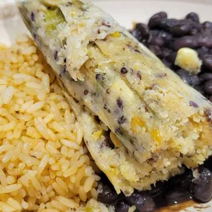 Vegan tamale made with hemp and corn masa and with nopales (cactus) and tomatillo. DELISH!!