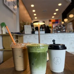 Right to left: iced campfire latte, iced matcha einspanner, and hot miso brown sugar latte.