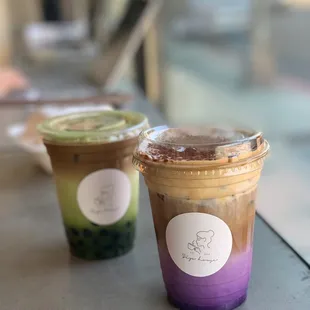 Ube coffee latte with cheese foam + Matcha Coffee Latte