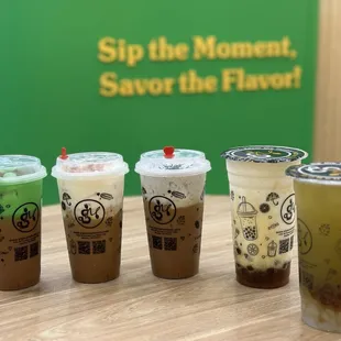 From left to right:  Pandan foam Salted foam Sesame foam Peachy lychee Original sugar cane