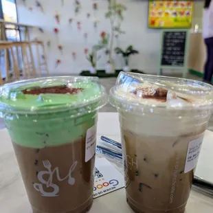 Pandan coffee (L) and bac xiu coffee with sea salt foam (R)
