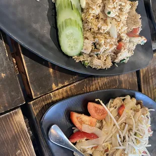 Drunken Noodles - bottom, chicken Thai Fried Rice - top
