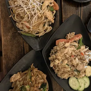 Drunken Noodles (top), Thai Fried Rice (middle), and Pad Se-Ew (bottom)