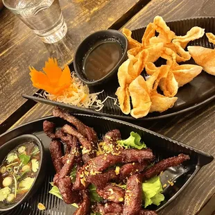 Thai Jerky Strip Steak &amp; crab Cream Cheese Won Ton