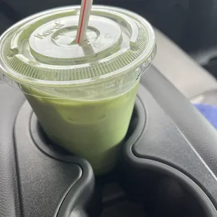 Iced matcha latte w/ oat milk, lavender, and blueberry