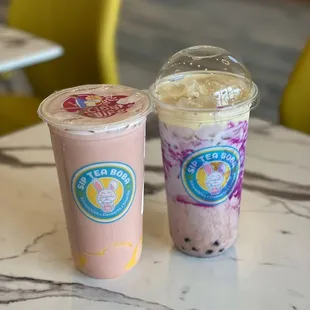 ig: @whatsviveating  |  strawberry milk tea and purple ube brulee milk tea