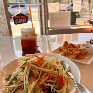 Papaya Salad, Crab Wontons, Thai Coconut Iced Tea