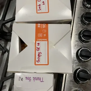 Each take out order is labeled