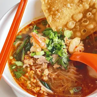 Tom Yum Noodles Soup. Sweet &amp; Sour thin rice noodles. Authentic and delicious. Yum!