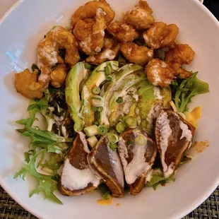 AHI TUNA &amp; SHRIMP TEMPURA RICE BOWL sushi rice, ginger dressed greens, avocado, spicy ponzu, japanese mayo, scallions