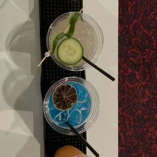 Left to Right 
Pineapple Lemon Drop
Hot Charlotte
Blue Margarita
Virgin Punch