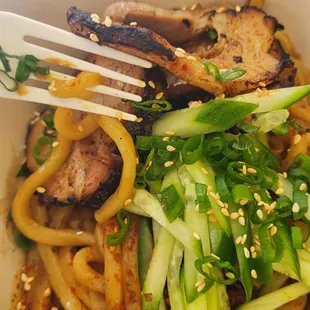 Udon Noodles  Thickness of meat = tong on a fork