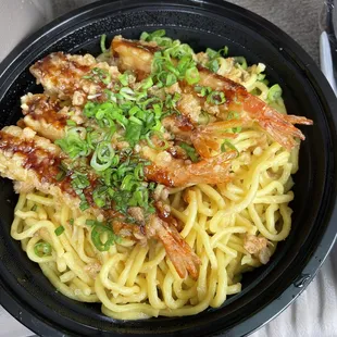 Garlic noodles with tempura shrimp