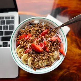 Açaí bowl (no blueberries on top, Sub extra strawberries)