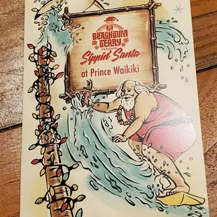 Front design on the menu. Santa Surfing.