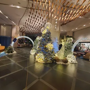 Lobby area, festively decorated.