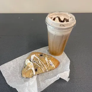 Iced s&apos;mores coffee and a blueberry scone