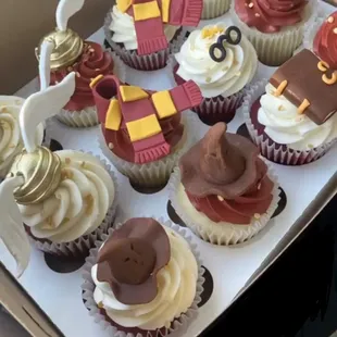 Harry Potter themed red velvet cupcakes.