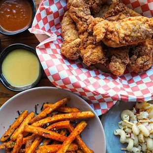 Chicken Tenders with Spicy Fries and Macaroni Salad