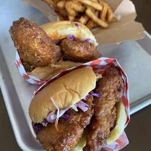 Honey butter and buffalo Chicken Tender Sandwich with Sir Chicken Spicy Fries